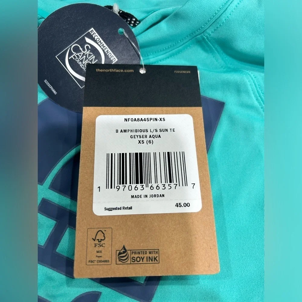 The North Face Boys XS Amphibious Long Sleeve Sun Tee Aqua Kids NWT UPF 40+